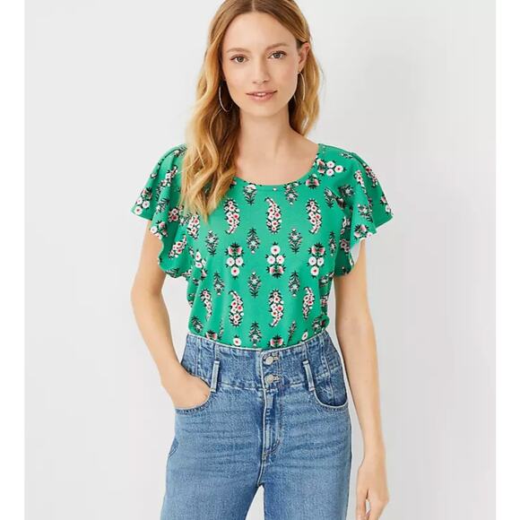 Ann Taylor Loft Large Green Floral Flutter Sleeve Top - Picture 1 of 12